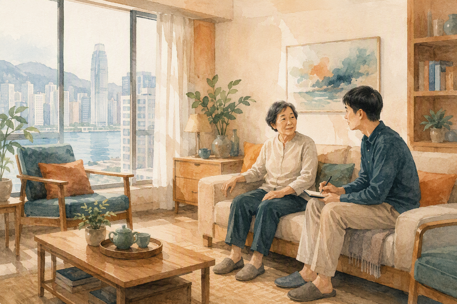 長者與成年子女在客廳傾談觀察日常生活