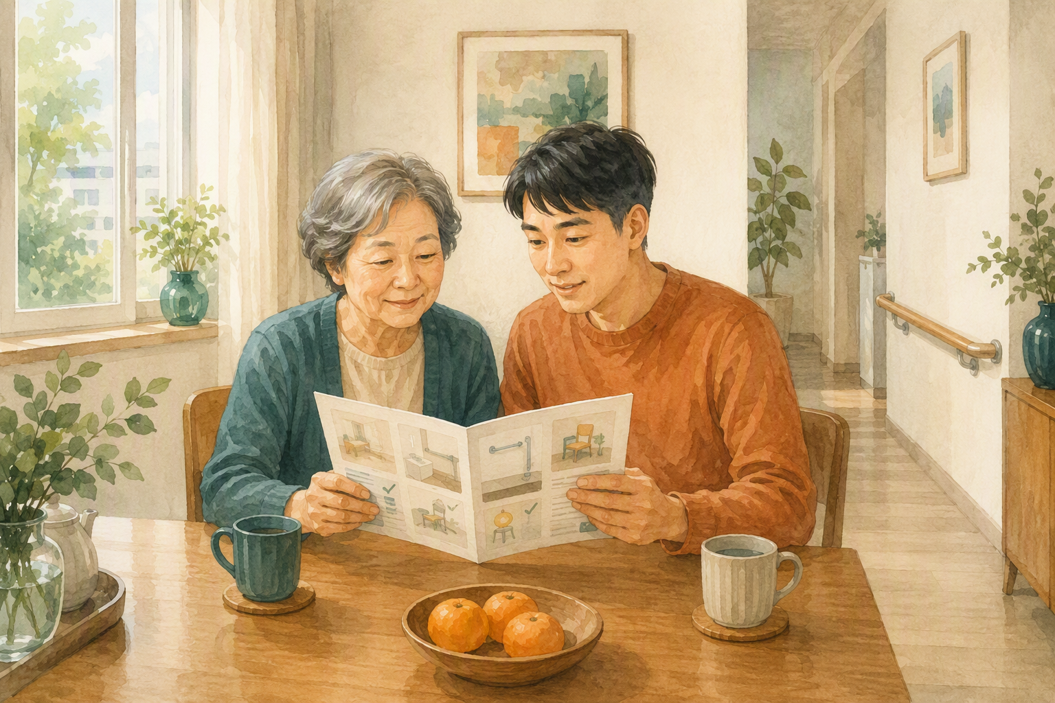 成年子女與長者一起閱讀家居安全指南